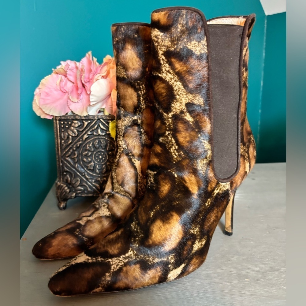 Manolo Blahnik Toialo Pony Hair Brown Ankle Boots Animal Pattern Stiletto Heel